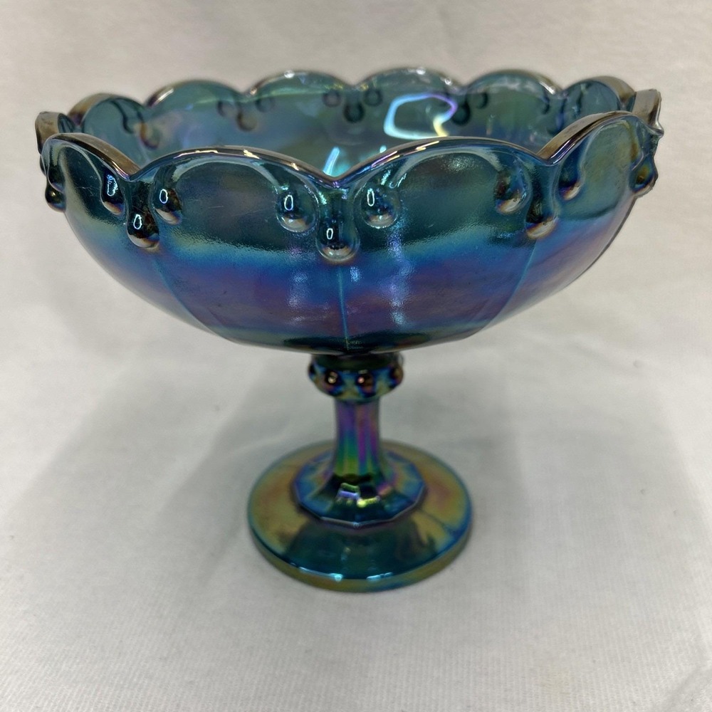 Vintage Indiana Glass Blue Carnival Glass Pedestal Compote Centerpiece Bowl